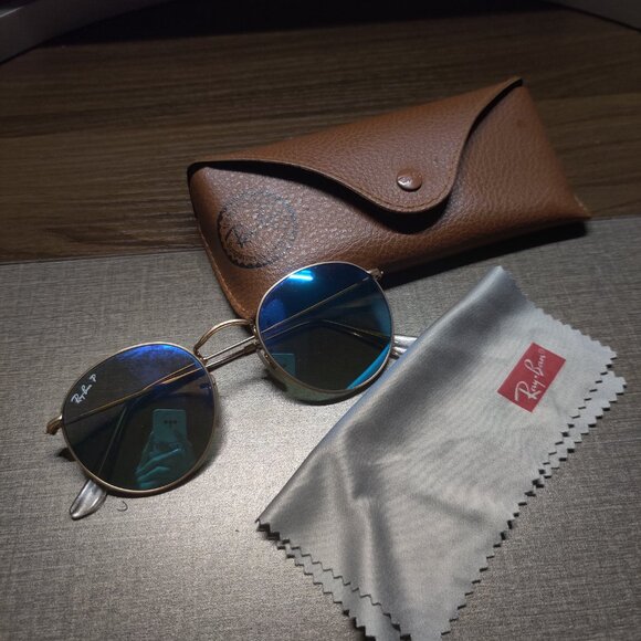 Ray-Ban Round Polarized Sunglasses – Blue Lens / Gold Frame – Like New